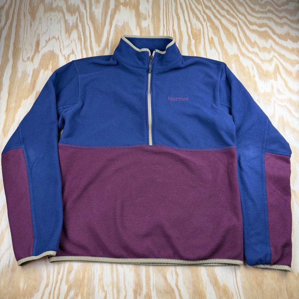 Marmot Mens Quarter Zip Fleece Pullover Blue Burgundy Colorblock Size M